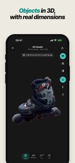 Objects in 3D, with real dimensions — a scanned inline skate with its width, depth and height