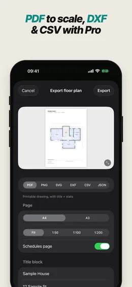 PDF to scale, DXF and CSV — the floor plan export sheet